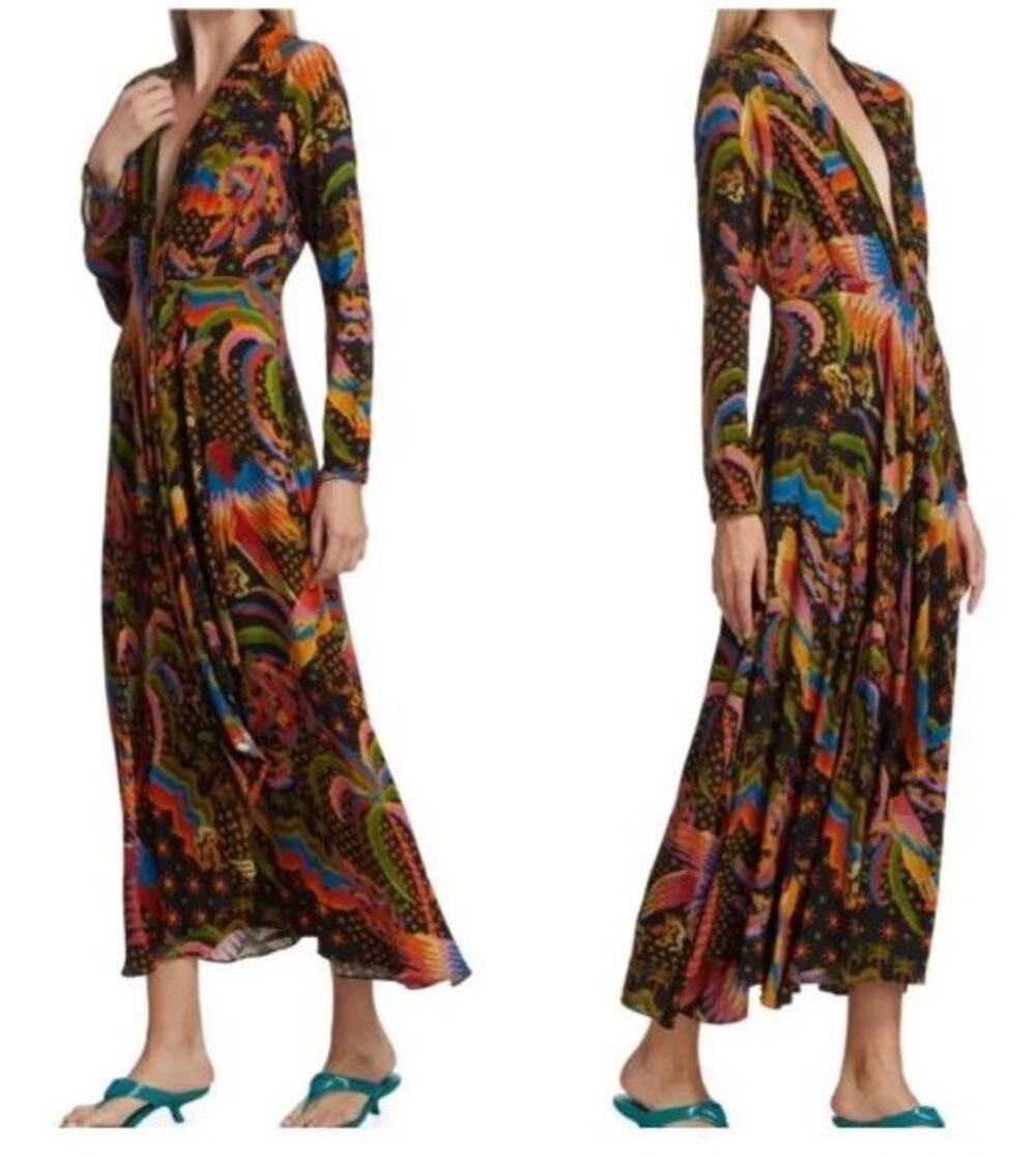 Farm Rio L Macaw Island Tropical Cross Stitch Maxi Boho 70s Tropical Dress $249